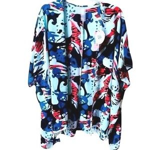As Rose Rich Womens Abstract Print Kimono Swim Cover Up Tassel Hem Blue Small